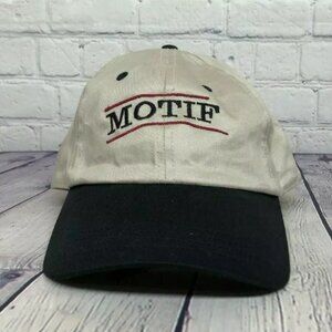 Vintage Hat Cap Strap Back Beige Black MOTIF Embroidered Logo One Size Fits All
